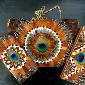 Vintage 1950s Peacock Feather Purse/Wallet/Glasses